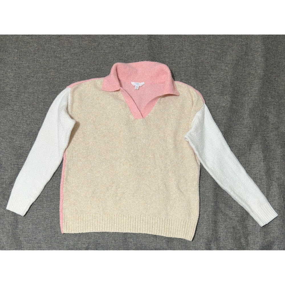 Time and Tru Womens Medium Sweater Colorblock Pink Tan White V-Neck Pullover